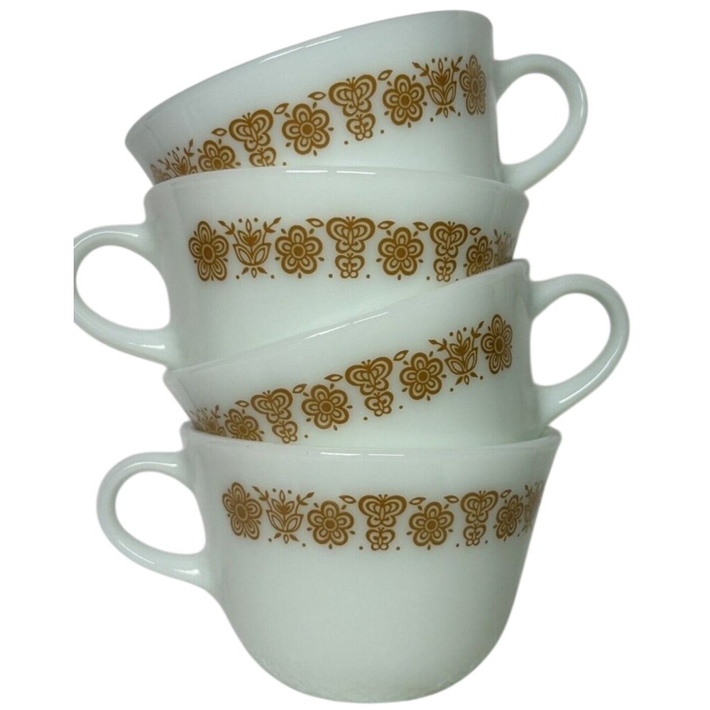 Vintage Pyrex Butterfly Gold Milk Glass Coffee Cups Set of 4 White Gold 1970s